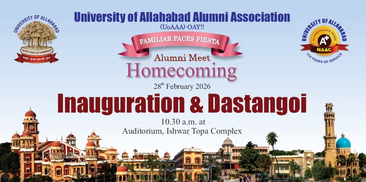 UoA_Official's tweet photo. 🎓 Alumni Meet 2026 [Homecoming]
🔴 Watch Live: https://t.co/GD5rrlv8bt
Inauguration Ceremony &amp; Dastangoi
📅 28th February 2026
🕥 10:30 a.m.
Reconnect, relive memories, and celebrate the enduring bond with your alma mater.
#UniversityOfAllahabad #AlumniMeet2026 #UoAAA https://t.co/DlhTwRSNkI
