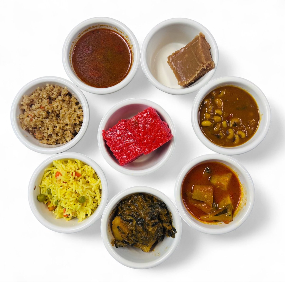 Feb 27, Vegan Friday 

Devotional Offerings:
Tapioca Fritters VGF 
Quinoa Pilaf VGF 
Vegetable Soup VGF 
Spinach &amp; Potatoes VGF
Zucchini Curry VGF
Peanut Butter Fudge VGF

Comfort Food:
Veg Rice Pilaf VGF
Black-Eyed Peas VGf
Chapati &amp; Papadam V
Vegan Cake