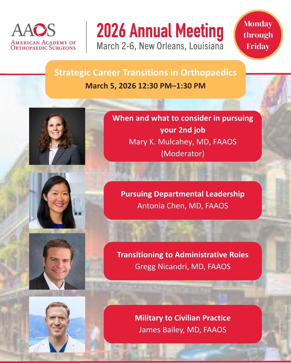 marykmulcaheymd's tweet photo. Looking forward to #AAOS26 next week! Please join us for some of these great sessions. See you there! 

#savethemeniscus #wellness #careertransition @LoyolaOrthoRes @LoyolaMedMD https://t.co/XB6r2775lk