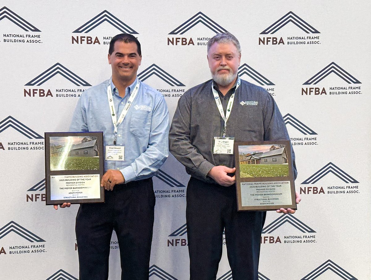 StructuralBuil1's tweet photo. A proud moment for Structural Buildings.
On February 26th at the National Post-Frame Building Association Convention, owners Chad Stewart and Troy Engen accepted the Building of the Year Award on behalf of our entire team for the Moyer Barndominium. https://t.co/aVBWfSWnct