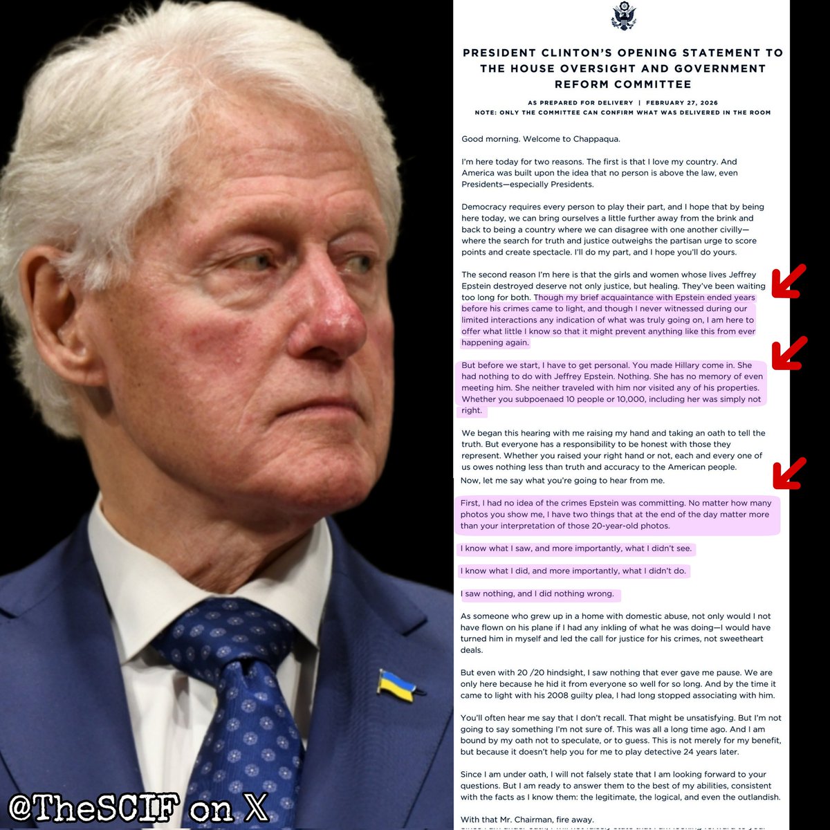 Bill Clinton is cooked.

He is already committing perjury in his opening statement.

What kind of country are we if we let child traffickers and abusers walk? These monsters must be held accountable.