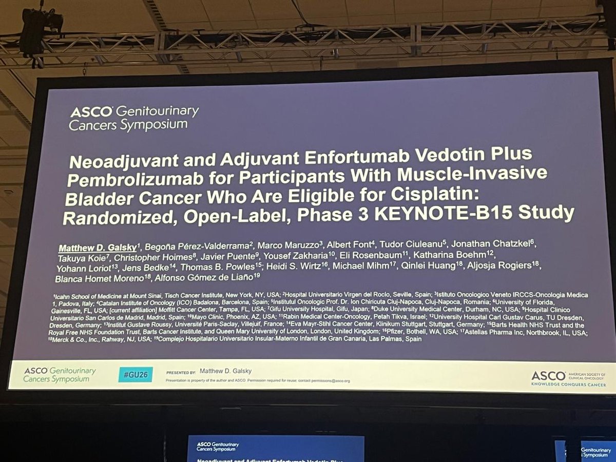cure_today's tweet photo. Before #BladderCancer surgery, could immunotherapy + targeted therapy improve outcomes? @ASCO #GU26

In KEYNOTE-B15, EV + pembro improved CR rates &amp; survival vs standard chemo.

Side effects were common, so weighing benefit and risk remains essential. - @pablombarrios @DanaFarber https://t.co/jx93ny5P5D