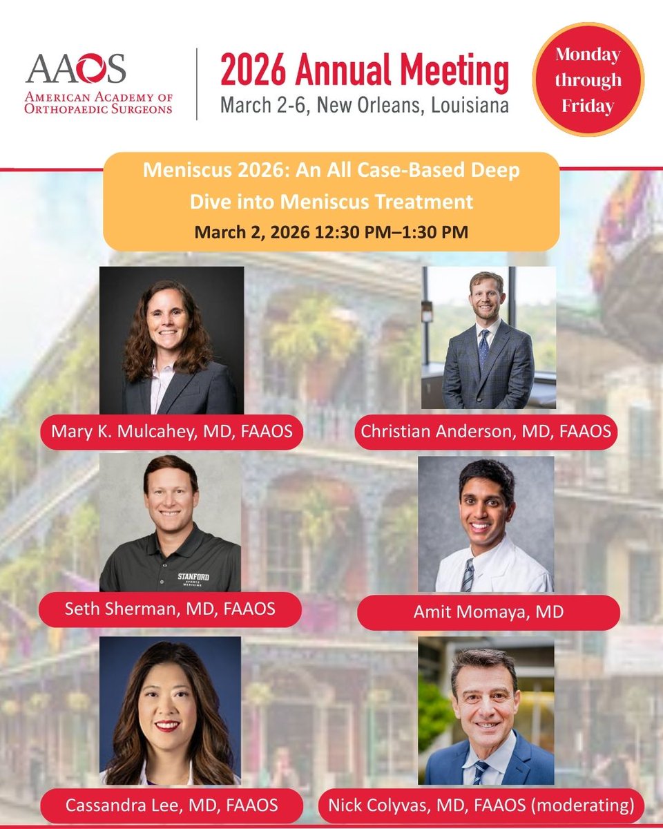 marykmulcaheymd's tweet photo. Looking forward to #AAOS26 next week! Please join us for some of these great sessions. See you there! 

#savethemeniscus #wellness #careertransition @LoyolaOrthoRes @LoyolaMedMD https://t.co/XB6r2775lk