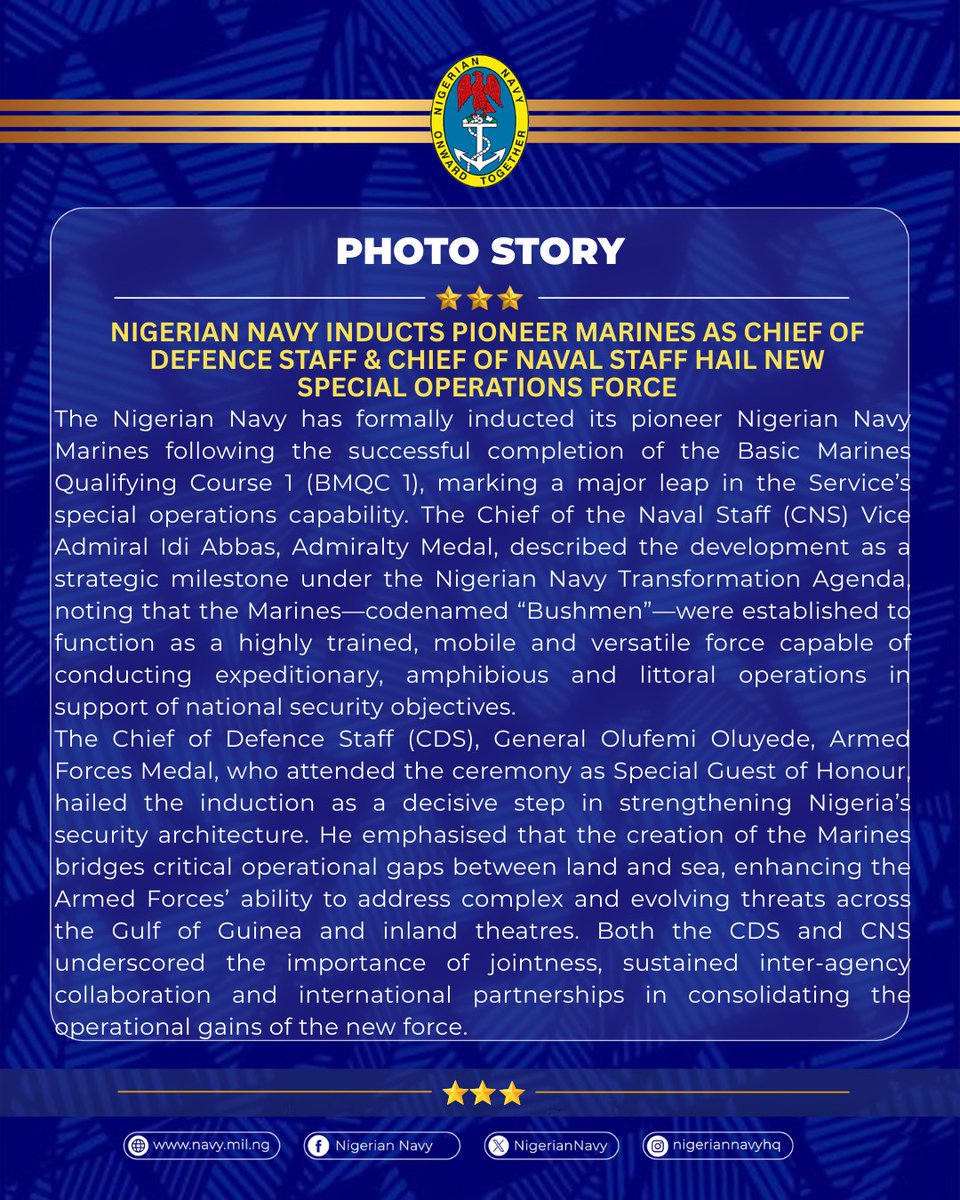 NigerianNavy's tweet photo. NIGERIAN NAVY INDUCTS PIONEER MARINES AS CHIEF OF DEFENCE STAFF &amp; CHIEF OF NAVAL STAFF HAIL NEW SPECIAL OPERATIONS FORCE
#NigerianNavy
#OnwardTogether
#Bushmen
#NNMarines https://t.co/LYYy2DKGfj
