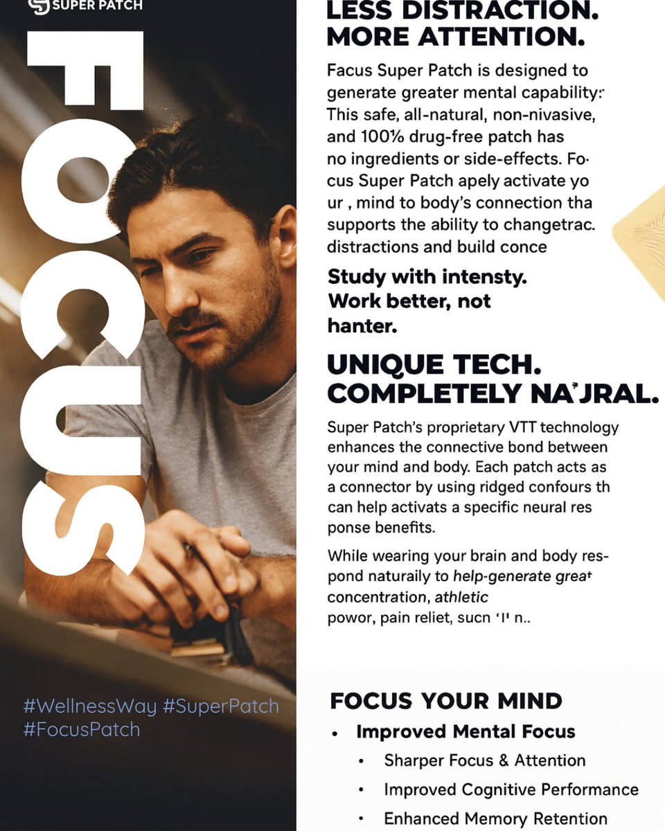 Wellnesswaypatc's tweet image. Focus isn’t forced — it’s found. When the noise fades, and your mind aligns, clarity flows. The patch doesn’t push, it guides. Wear your focus, feel your flow.

Hashtags:
#FocusPatch #GentleStrength #WearableWellness #MindBodyConnection #WellnessWay #ClarityWithin