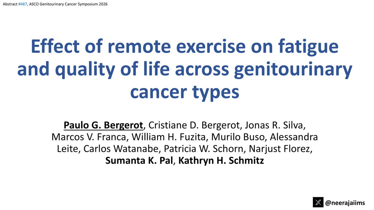 BourlonMaite's tweet photo. The Bergerot´s has send us to exercise @ASCO #GU26 #ascovoices

Effect o remote exercise program in pts w/ metastatic GU cancers ⬆️QOL &amp; decreased fatigue

@neerajaiims summary
@OncoAlert @oncodaily @VJOncology @UrologyTimes @IMG_Oncologists https://t.co/cNFjRhN948