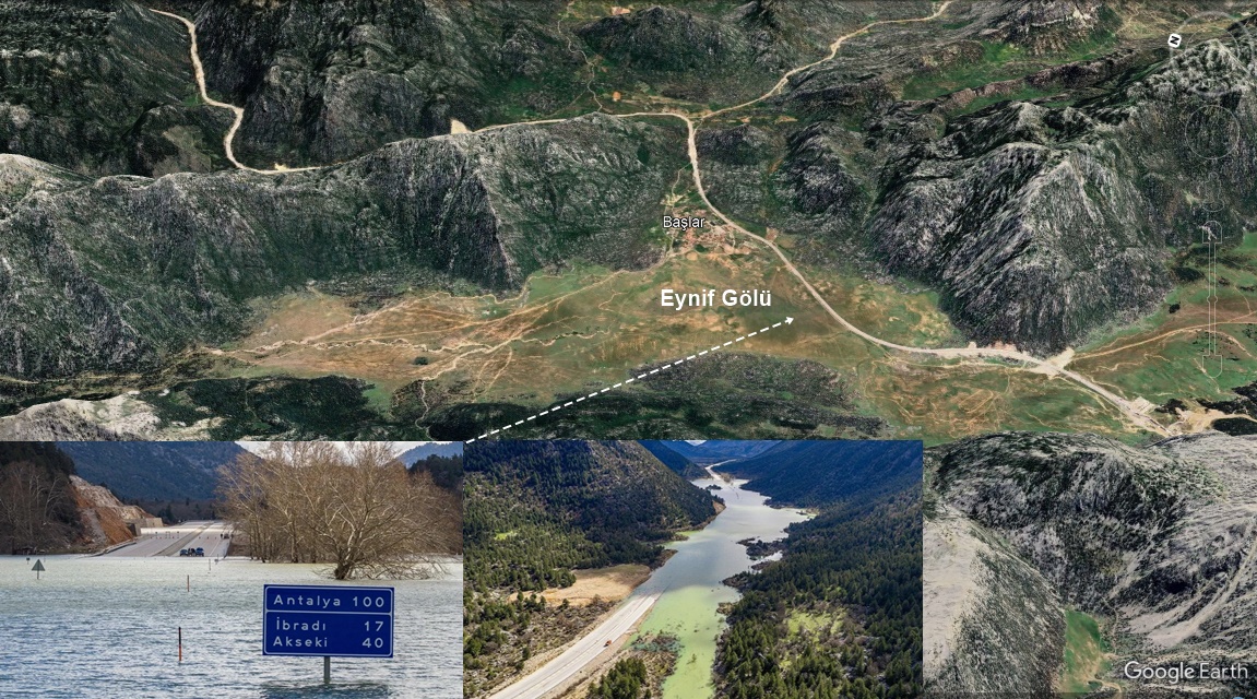 Antalya‑Konya kara yolunun Eynif Ovası’ndan geçen İbradı’ya bağlı Başlar Mahallesi’ndeki su altında kalan bölümü..

Morfolojiye baktığınızda bu alanın bir göl ortamı olduğu kolayca anlaşılır..

Sonra "olaylar neden AFET'e dönüşüyor" diye dövünmenin anlamı yok...