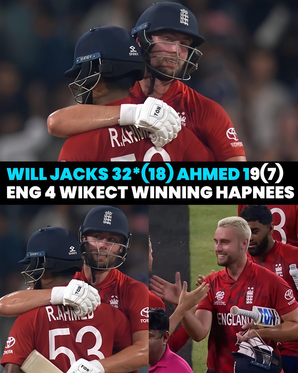 🚨Will Jacks' impressive 32*(18)  payer of the match:- 

- Ahmed's 19(7) set the stage for England's thrilling 4-wicket victory over New Zealand in a nail-biting match.
#ENGvsNZ    #WillJacks