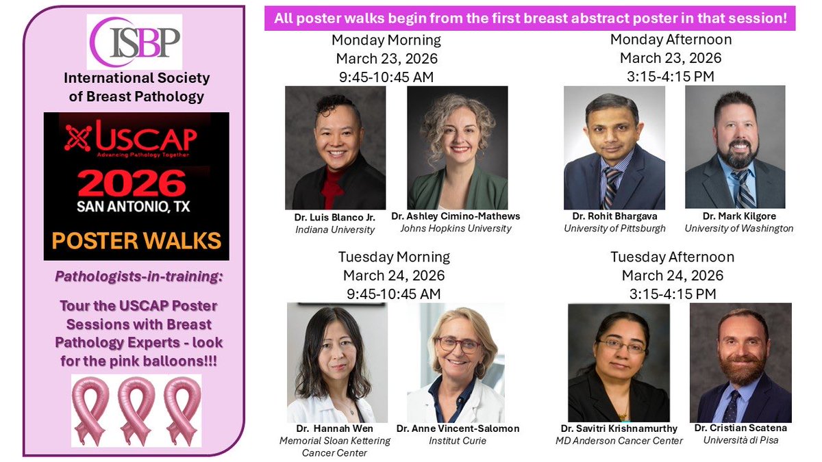 TheISBP's tweet photo. Look for PINK BALLOONS &amp; join @TheISBP experts for our Poster Walks! 💕

Prepare for wandering &amp; wondering through the #BreastPathology posters.💡

Pathologists‑in‑Training, see you @TheUSCAP meeting in San Antonio — the countdown is on! ⏳

🎀 #USCAP2026 https://t.co/sxJ75TAutF