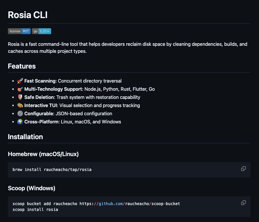 RAUCHEACHO's tweet photo. Just shipped a new release of Rosia CLI 🔥

node_modules.
dist.
Flutter dependencies.
Python caches.

The silent disk killers.

Rosia helps you reclaim your space. Free. Open source.

link: https://t.co/uIihty2V4L 
#DevLife #OpenSource #raucheacho https://t.co/0HMborSrMn