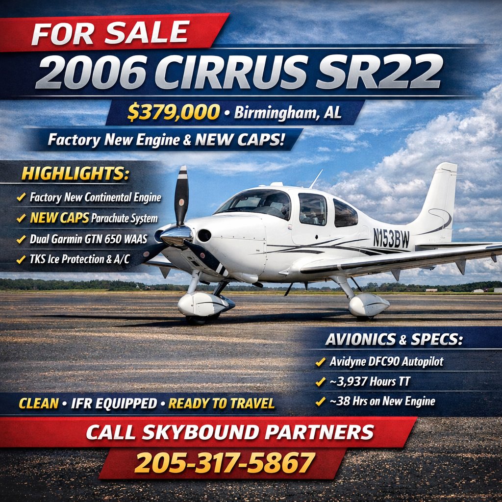 2006 Cirrus SR22 with factory new engine and upgraded avionics for sale.  skyboundpartners.com/2006sr22/