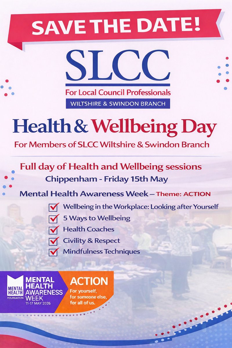 WiltsSLCC's tweet photo. 📅 SAVE THE DATE – Friday 15th May | Chippenham You asked — we listened.  Our SLCC Wiltshire &amp; Swindon Branch Health &amp; Wellbeing Day is here 

Taking place during #MentalHealthAwarenessWeek
Free for Branch members. More details soon.
@SLCCnews https://t.co/FzmUDsiqmM