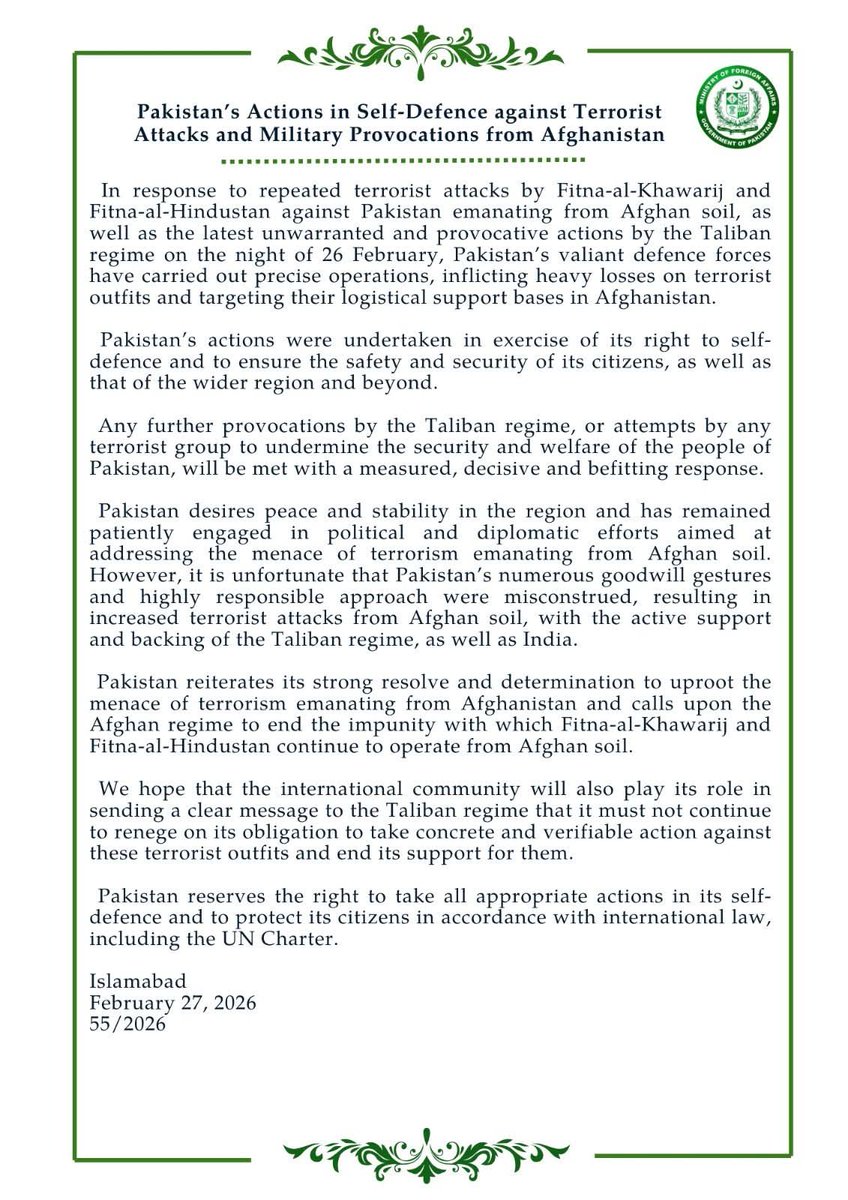 junydjmshyd's tweet photo. 🔊PR No.5️⃣5️⃣/2️⃣0️⃣2️⃣6️⃣

Pakistan’s Actions in Self-Defence against Terrorist Attacks and Military Provocations from Afghanistan

🔗⬇️

https://t.co/Fr4GHFes6v https://t.co/3bmq71u3Cx