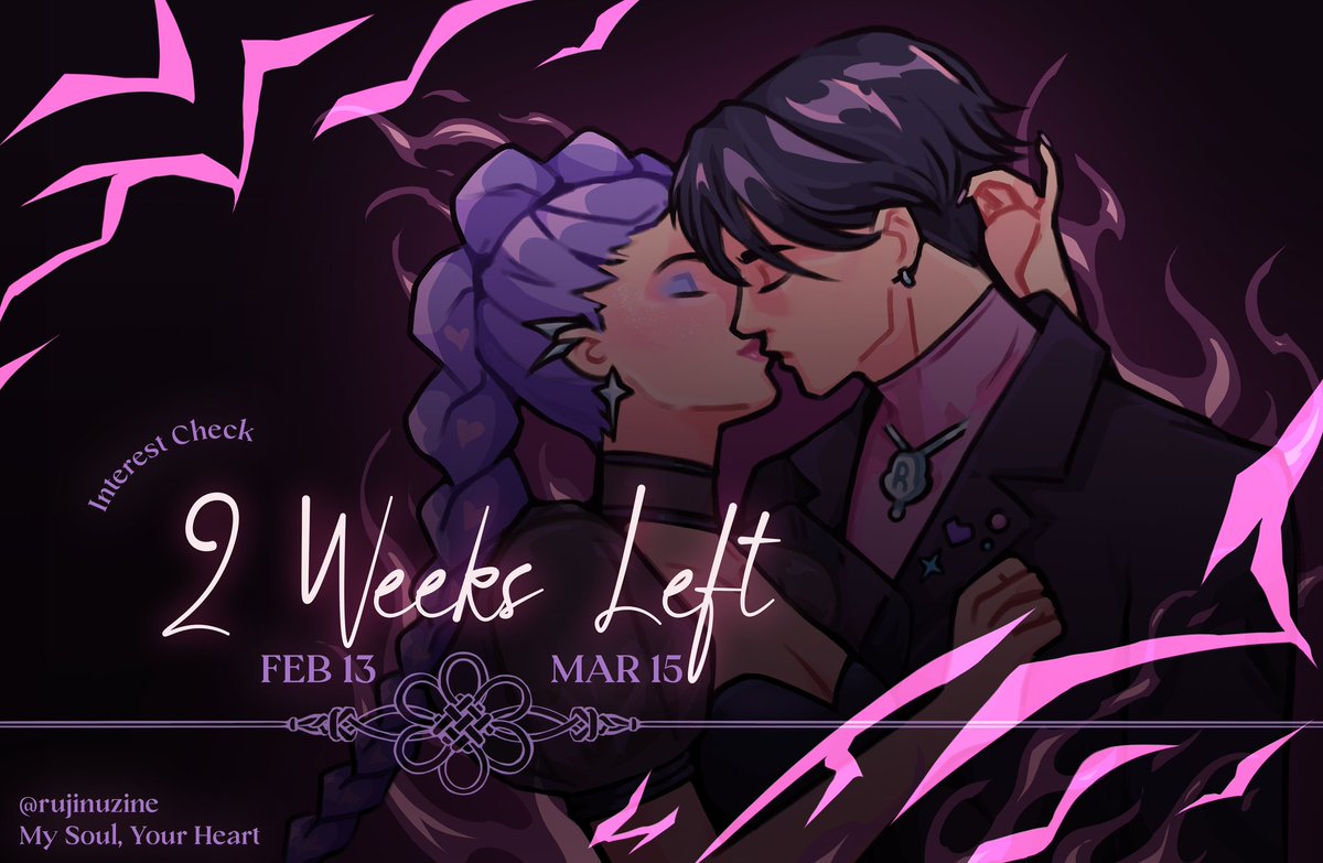 rujinuzine's tweet photo. 💜INTEREST CHECK🖤

There are 2 weeks left to fill out the interest check for My Soul, Your Heart: A RuJinu Zine! Don't miss your chance to tell us what you want to see~

🔗Interest Check: https://t.co/P7sIMawI4k https://t.co/fhpZdpawTp