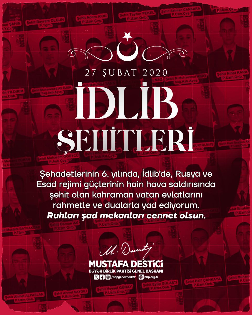 Şehadetlerinin 6. yılında, İdlib’de, Rusya ve Esad rejimi güçlerinin hain hava saldırısında şehit olan kahraman vatan evlatlarını, aziz şehitlerimizi rahmetle ve dualarla yad ediyorum.
Ruhları şad mekanları cennet olsun.