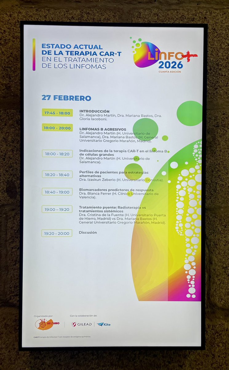 geltamo's tweet photo. ¡Arrancamos #LinfoMAS2026! 
Estado actual de la terapia CAR-T en el tratamiento de los linfomas.
Primera ponencia: Alejandro Martín sobre indicaciones CAR-T en LBDCG. 
@geltamo #CART #Linfomas https://t.co/hIaKuPJlfr