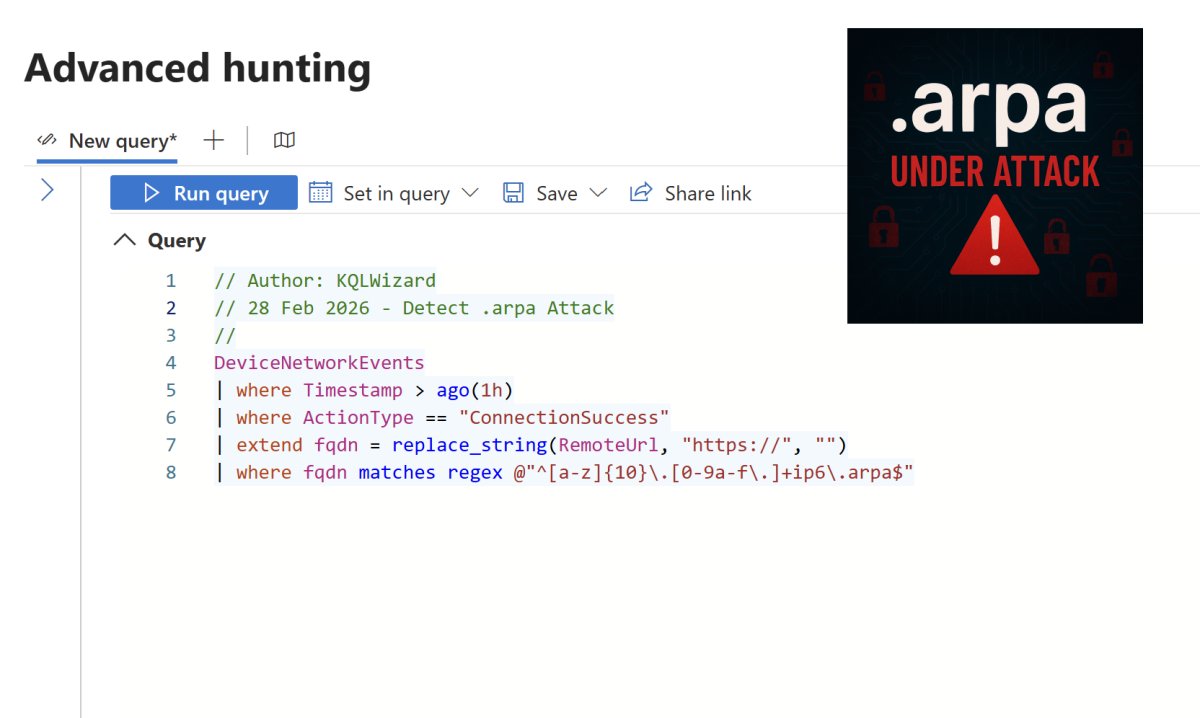 0x534c's tweet photo. “.arpa Under Siege: Cybercriminals Weaponize DNS Infrastructure”

Threat actors are now exploiting the .arpa top-level domain—originally reserved for reverse DNS lookups and never meant to host content—to deliver phishing campaigns. As detailed in the Infoblox blog, attackers abuse IPv6 reverse DNS ranges to craft fake FQDNs under https://t.co/AuvYarKzkE, registering them with DNS providers that mistakenly allow A records. This loophole lets them host malicious content on infrastructure that appears inherently trustworthy and is rarely blocked.

Link: https://t.co/3VYBEFSG3Y

To support fellow defenders, I’ve crafted a KQL hunting query to detect MDE users accessing .arpa abuse hostnames. Sharing this to help defenders stay ahead of emerging threats.

KQL Code: https://t.co/ONn9bozhC9

#Cybersecurity #ARPAAbuse #DNSInfrastructure #DefenderXDR