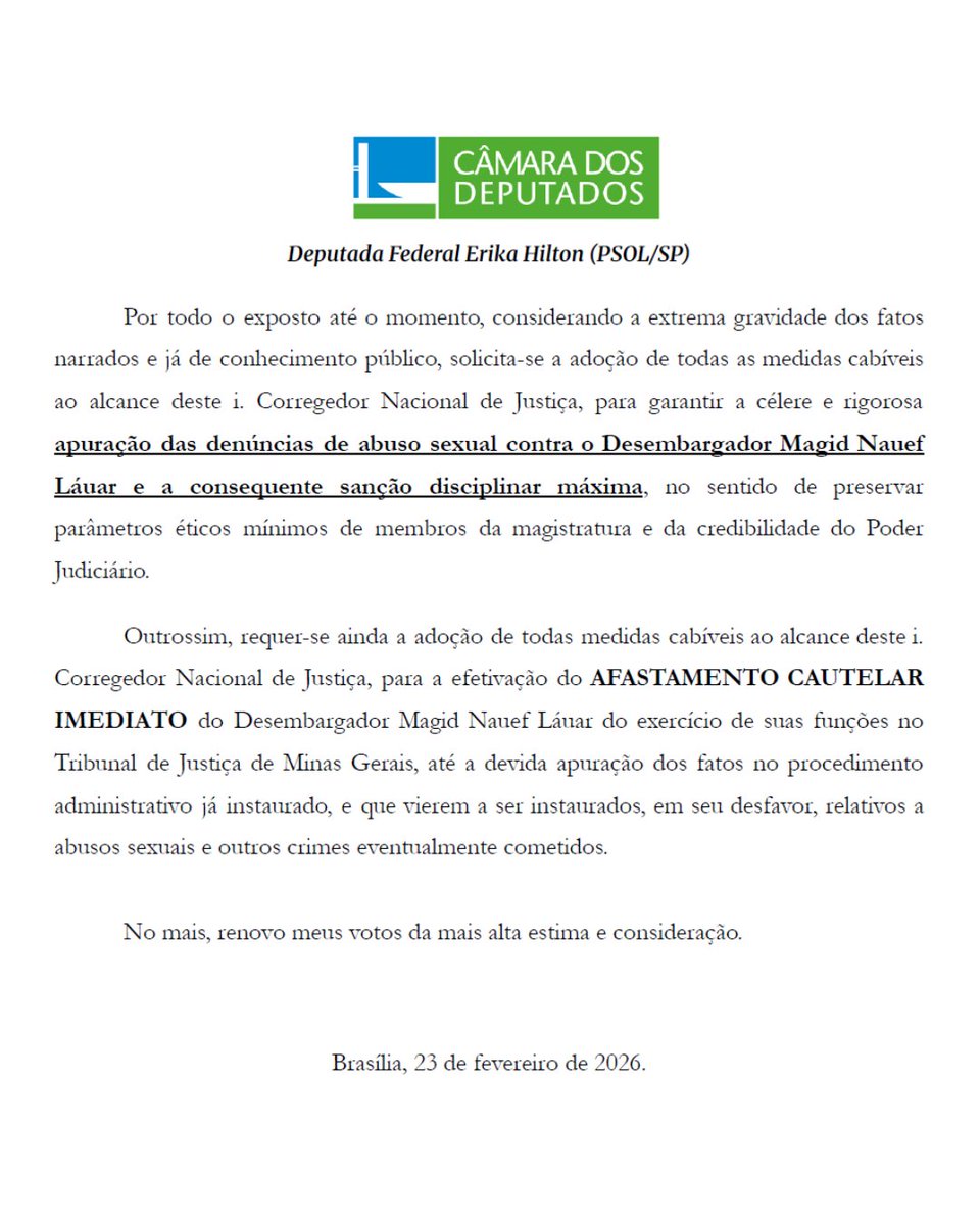 ✅ VITÓRIA!

Após minhas denúncias, o desembargador Mágid Nauef Láuar, que inocentou um pedófilo e afirmou que um homem de 35 anos e a vítima de 12 constituem família, foi afastado de suas funções pelo CNJ.

Aliás, em uma das denúncias, pedi justamente seu afastamento cautelar.