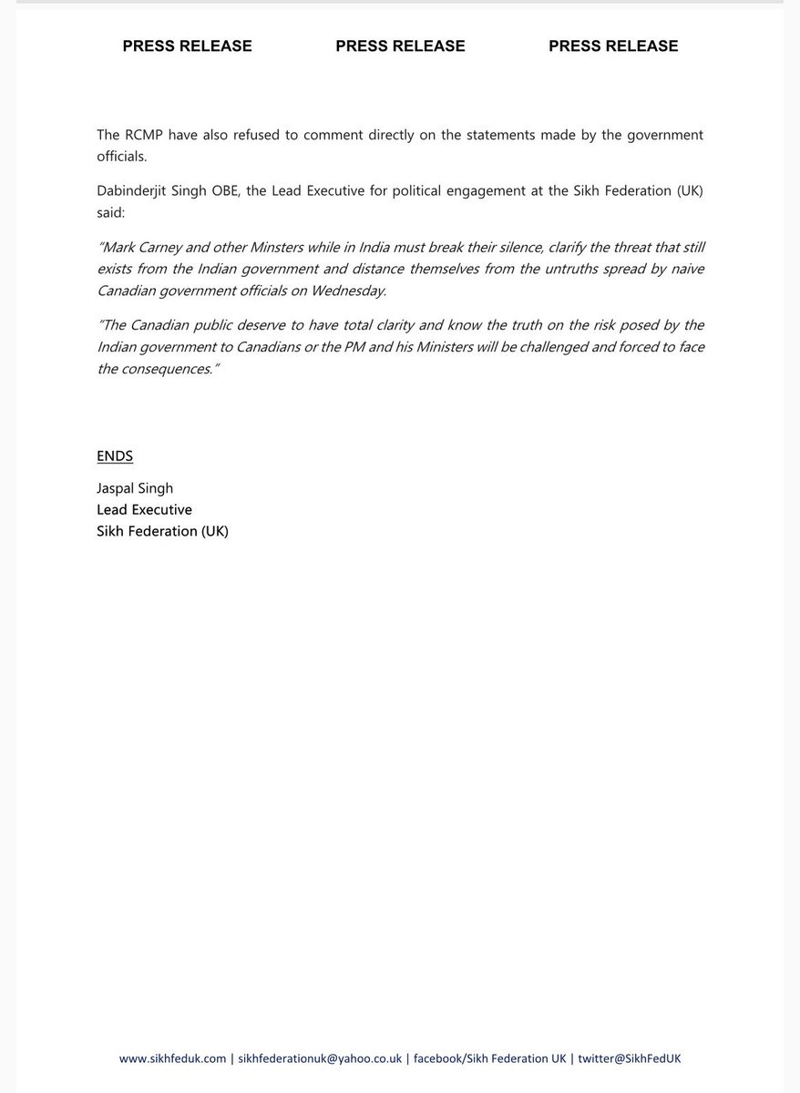 SikhFedUK's tweet photo. Canadian Prime Minister @MarkJCarney under pressure while on his visit in India to distance himself from untruths spread by his officials on the transnational repression threat posed to Canadians by the Indian government and its agents 

Read the @SikhFedUK press release below: https://t.co/c2cqeMwQSp