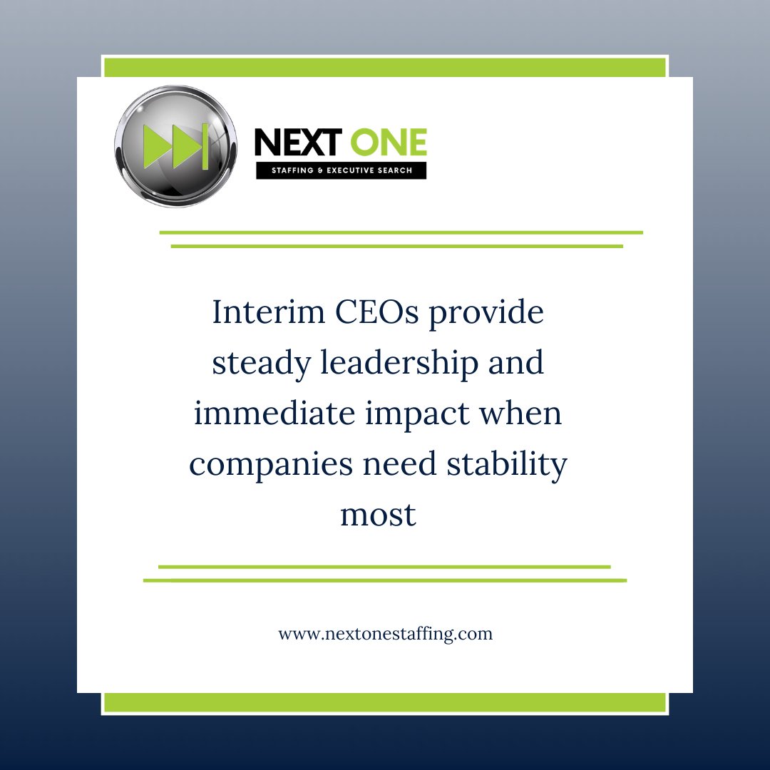 When transitions happen, stability matters most. Interim CEOs step in with experience, objectivity, and the ability to lead from day one.

#NextOneStaffing #ExecutiveSearch #ExecutiveLeadership