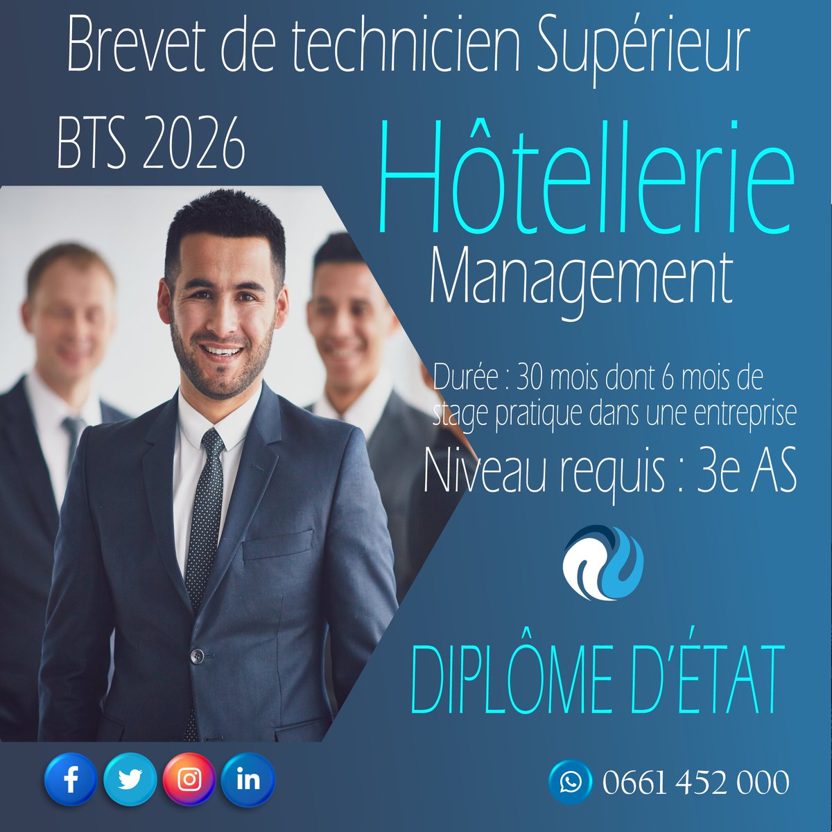 Mokhtari1704's tweet photo. 📜 Formation professionnelle diplômante 
Brevet de technicien supérieur
🏨 Management hôtelier 
📆 Session  2026/2027
🎓 Niveau d'accès : Terminal 3eAS.
__________
🗓️ Durée : 24 mois d'études théoriques et 6 mois de stage pratique dans un hôtel https://t.co/R9L3T4AvL9