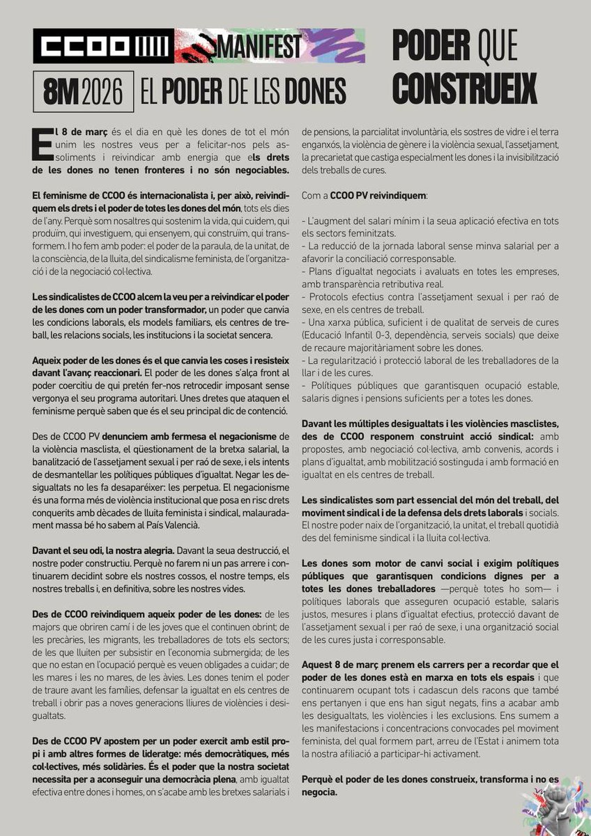 Aquest 8M reivindiquem el poder de les dones. Un poder transformador i constructiu que canvia les condicions laborals, els models familiars, les institucions i la societat sencera. Dic de contenció de l’avanç reaccionari, que <a href="/ccoopv/">CCOO País Valencià</a> reivindica per aconseguir una democràcia plena