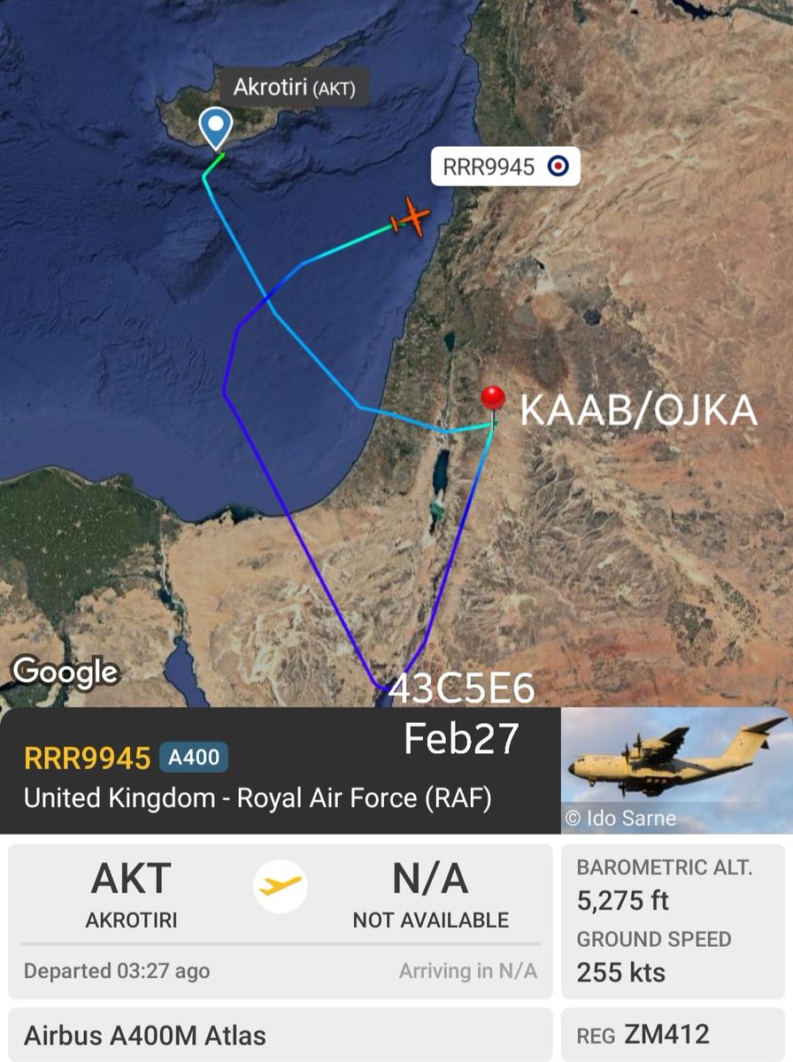 LebanonJets's tweet photo. 3rd #UnitedKingdom UKRAF A400M of the year #ZM412 #43C5E6 started the afternoon in Akrotiri to KingAbdullahAirBase KAAB OJKA long-way-around to Beirut and RTB in a bit as "ASCOT" #RRR9945. Same aircraft was here Apr29,2025 https://t.co/83Q7BdIx4N