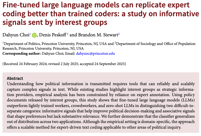 PSRMJournal's tweet image. 🤖 Can LLMs replicate expert text coding?

➡️ Using interest group documents, @dchoiresearch @DenisPeskoff &amp;amp; @b_m_stewart show that fine tuned LLMs outperform trained coders and zero shot models in identifying informative vs associative signals cambridge.org/core/journals/… #FirstView