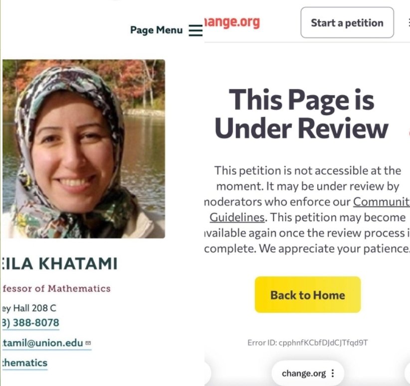 🔴 وبسایت Change.org  پتیشن اخراج دختر خاتمی از دانشگاه یونیون کالج رو با بالای صد هزار امضا و پتیشین اخراج عیسی هاشمی توله معصومه ابتکار را با بیشتر از ۱۴۰ هزار امضا حذف کرد.