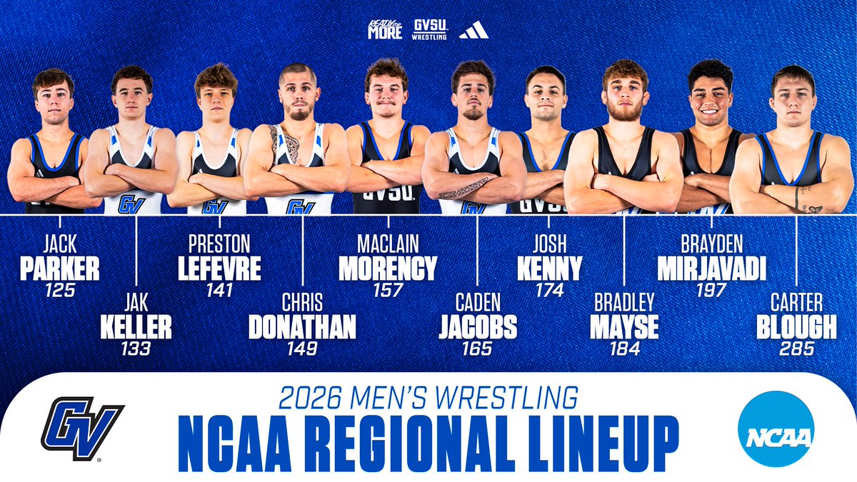 The #4-ranked Grand Valley State men's wrestling lineup for the 2026 NCAA Super Regional. 🔥⚓

gvsulakers.com/news/2026/2/26…