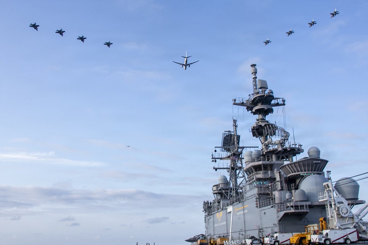 USPacificFleet's tweet photo. Joint Force Lethality. 

4 @usairforce  F-16s, 4 @USMC  F-35Bs, and a @USNavy  P-8A Poseidon join USS Tripoli (LHA 7) for a joint flyover in the @US7thFleet AOR, Feb. 25. 

We are a "team of teams" integrated to dominate any fight. #USNavy #PacificFleet #Readiness #JointForce https://t.co/YKCwgN67gT