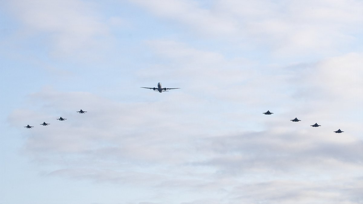 USPacificFleet's tweet photo. Joint Force Lethality. 

4 @usairforce  F-16s, 4 @USMC  F-35Bs, and a @USNavy  P-8A Poseidon join USS Tripoli (LHA 7) for a joint flyover in the @US7thFleet AOR, Feb. 25. 

We are a "team of teams" integrated to dominate any fight. #USNavy #PacificFleet #Readiness #JointForce https://t.co/YKCwgN67gT