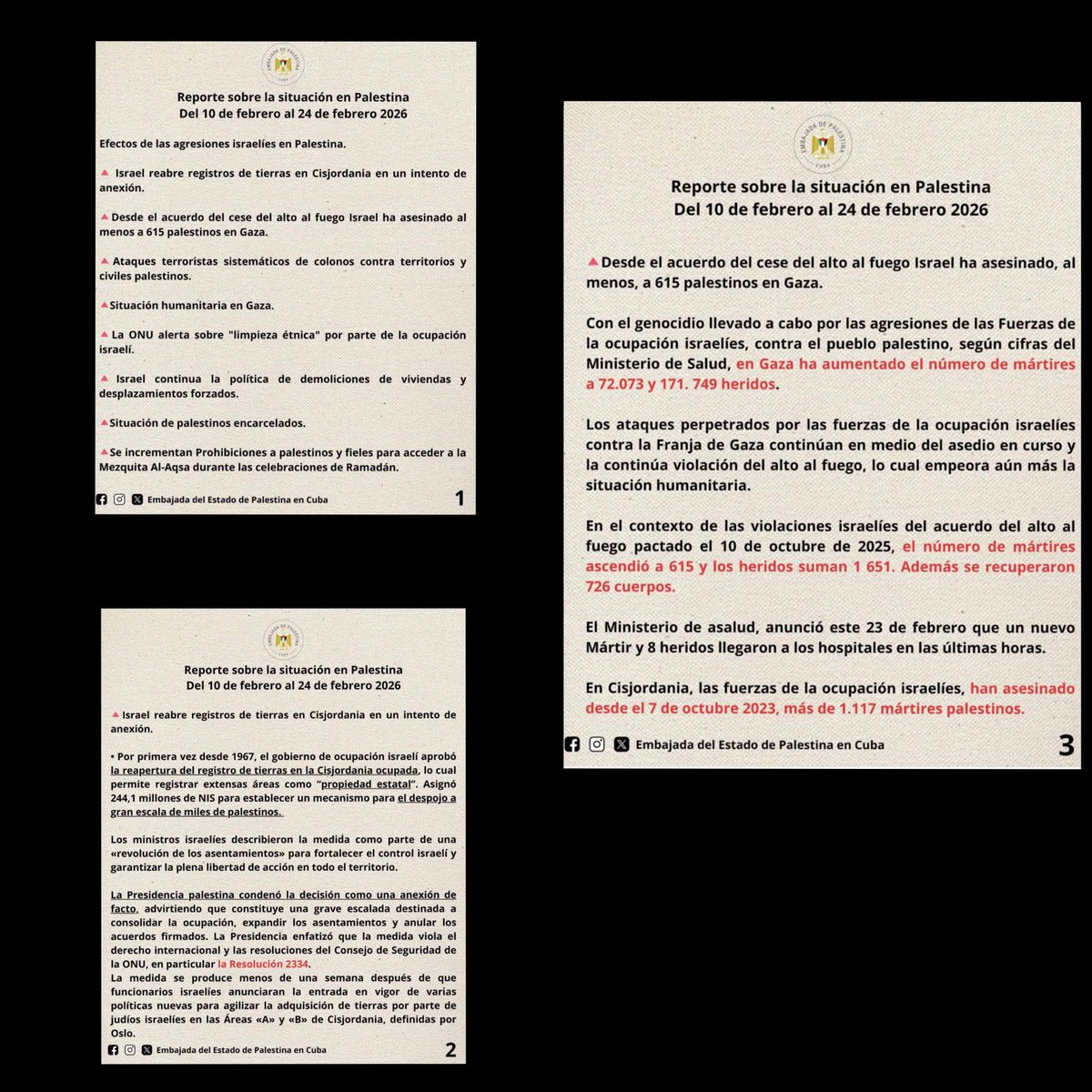 Embpalcuba's tweet photo. Les compartimos el último Reporte, elaborado por la Embajada del Estado de Palestina en Cuba, 
con información actualizada sobre los efectos de las agresiones israelíes contra Palestina. 🇵🇸 https://t.co/3Xph0VFOKi