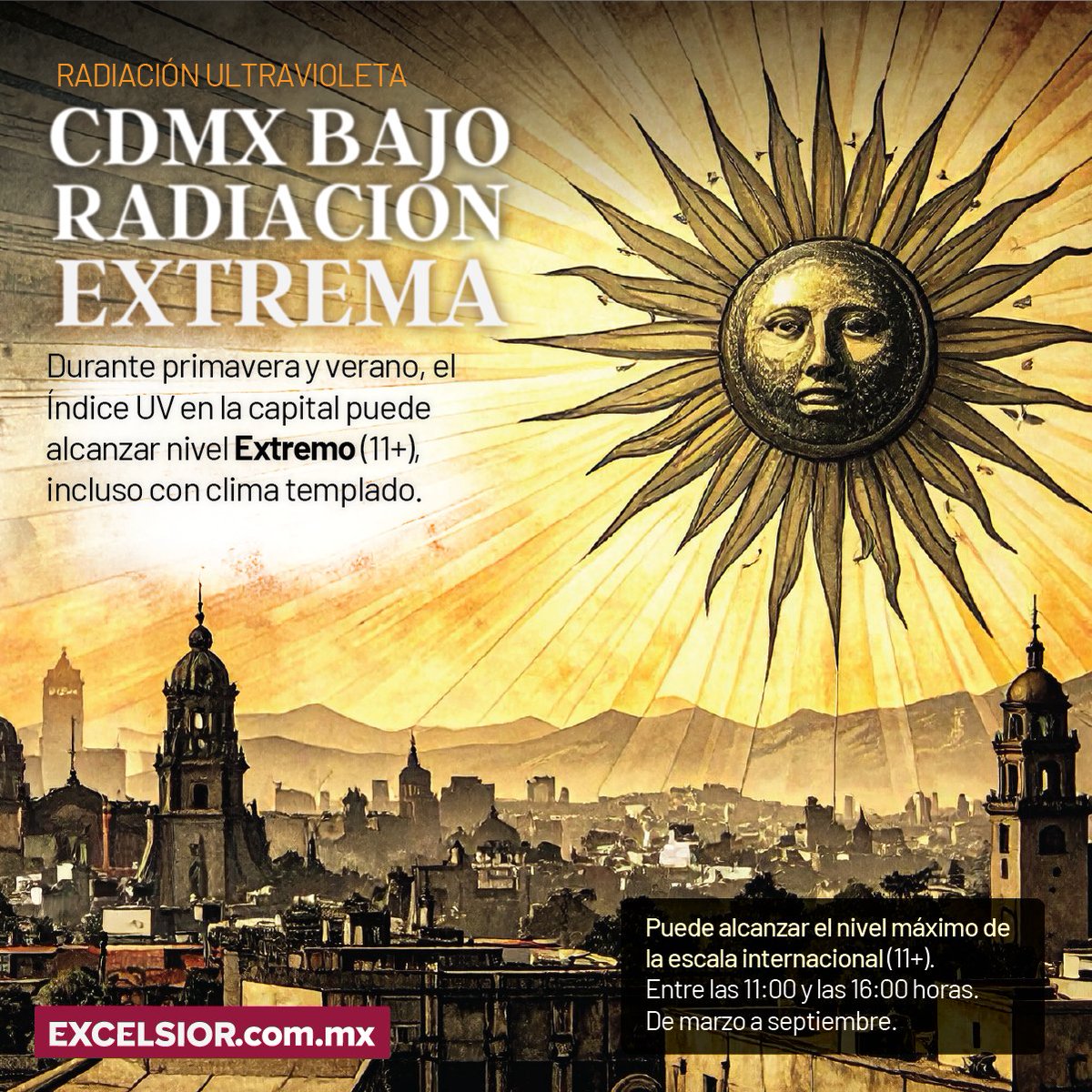 Excelsior's tweet photo. ☀️😳Sí, hablamos de radiación UV EXTREMA 👇
🔴Protégete como si fueras influencer del skincare, tú piel del futuro te lo va a agradecer.
#cdmx_oficial #radiaciónuv #cuidatupiel #solintenso #prevencion https://t.co/PiUmyt9rCg