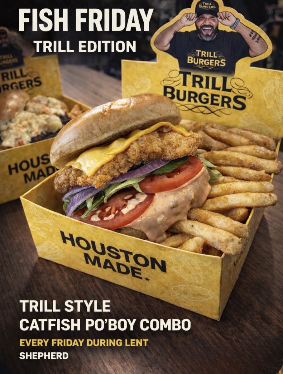 It’s Catfish FryDay Trill Style . Every Friday for lent come try our Catfish Po boy combo. 

 Crispy fried catfish on a potato bun with lettuce, tomato, red onion, Trill remoulade served over fries. Only at our OG location

📍3607 S Shepherd Dr, Houston, TX 77098