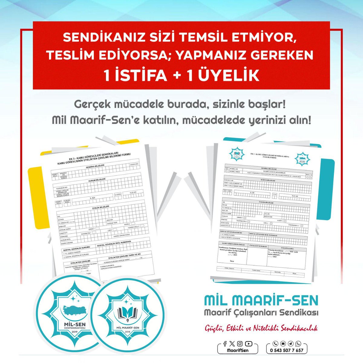 🔴 Sendikanız sizi temsil etmiyor, teslim ediyorsa; yapmanız gereken basit: 👉 1 İSTİFA + 1 ÜYELİK 👈

✊ Mil-Maarif-Sen'e katıl, mücadelede yerini al!

📌 Çekilme Formu: maarifsen.org/wp-content/upl…

📌 Çevrimiçi Üyelik: maarifsen.org/mil-maarif-sen…

#Ankara #Şanlıurfa #Eğitim #Öğretmen