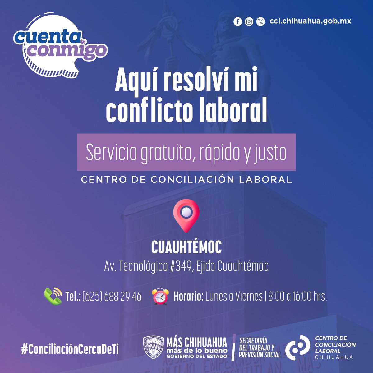 En Cuauhtémoc también resolvemos tu conflicto laboral.

El CCLCHIH tiene presencia en tu municipio para que accedas a una solución justa, rápida y gratuita, sin necesidad de abogados ni intermediarios.

📍 Acude a nuestras instalaciones en Av. Tecnológico #349, Ejido Cuauhtémoc.
