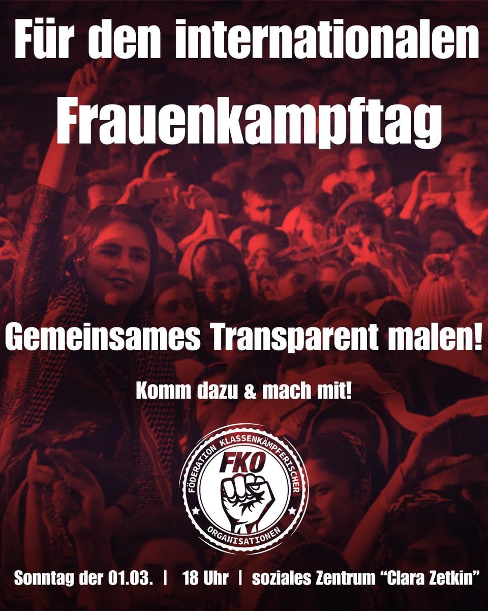solinetzleipzig's tweet photo. Am 8. März ist der Frauenkampftag und wir wollen an dem Tag auch nach außen tragen für was wir stehen. Dafür laden wir als FKO zum gemeinsamen Transparent malen im SZ Clara Zetkin ein.
Seid dabei! 🖌️🎨❤️🔥
#Leipzig #Solidarität #Lindenau #le0803 #Frauenkampftag https://t.co/iQ5xY60rfr