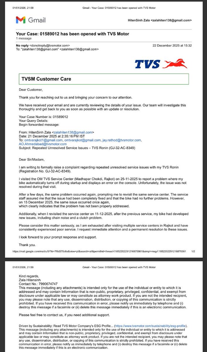 VRjput1's tweet photo. Exact timeline (proof attached):
• Complaint email: 21 Dec 2025, 
• Case opened: 22 Dec 2025, 
• Case No: 01589012 
OM TVS - Rajkot,Gujarat 
• Status: No resolution. No response.
Please connect:
📧 Zalahiten13@gmail.com
📞 7990674747
#NoAccountability #WorstAfterSales https://t.co/FsGiZSBZWW