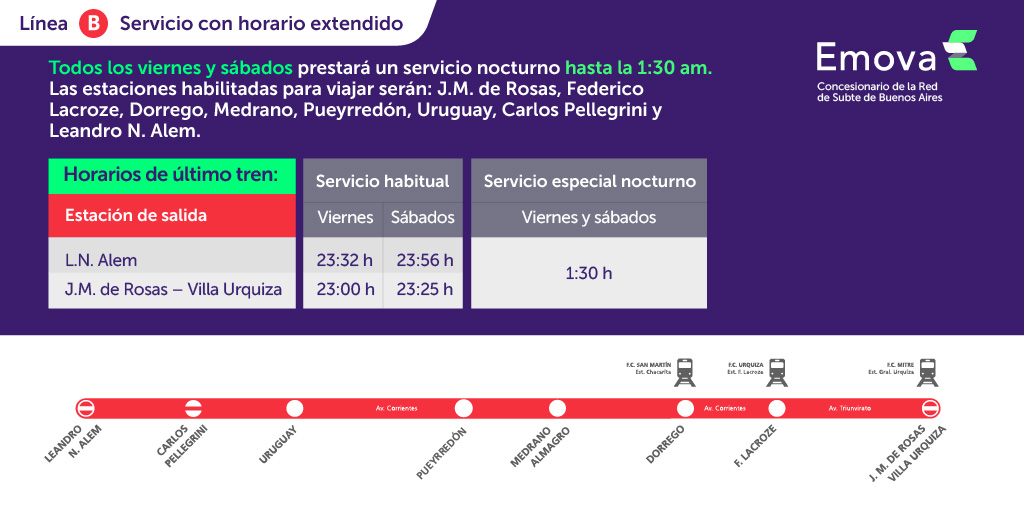 Emova_arg's tweet image. 🚨 ¡Atención usuarios!

📆 Todos los viernes y sábados, la #LíneaB presta servicio nocturno hasta la 1:30 horas.

⚠️ Mirá cuáles serán las estaciones habilitadas para viajar desde este viernes 27 de febrero 👇