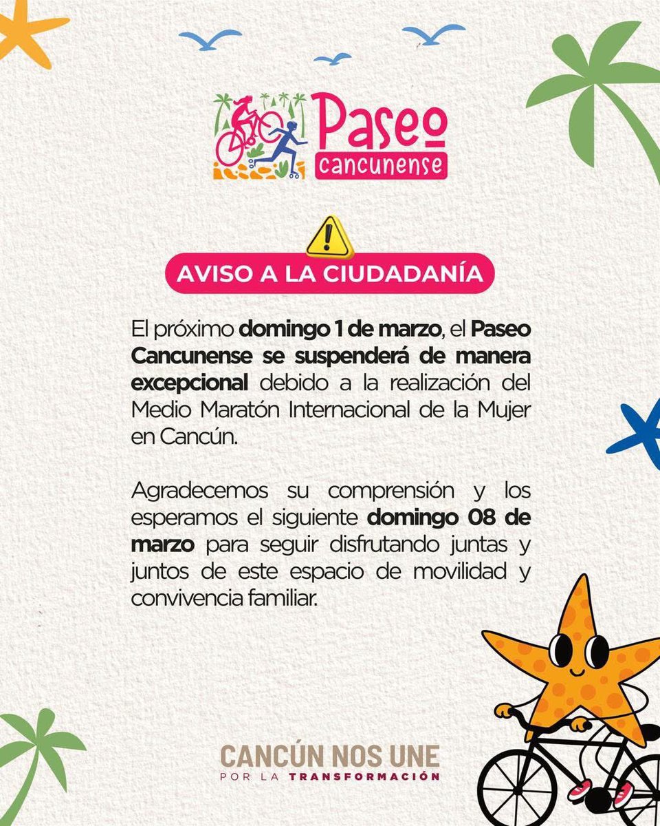 📣 ¡Atención, cancunenses!

Este domingo 1 de marzo el #PaseoCancunense queda suspendido debido a la realización del Medio Maratón Internacional de la Mujer.

Nos vemos nuevamente el domingo 8 de marzo con un programa especial para disfrutar en comunidad. 
(1/2)