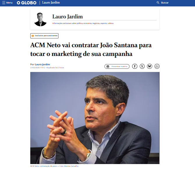 Será a única campanha que João Santana tocará integralmente este ano. Ele vai dividir a disputa na Bahia com o seu novo negócio: em janeiro, lançou o que batizou de Casa Virtual de Campanha, uma plataforma de IA para ser usada em todas as etapas de uma campanha política.