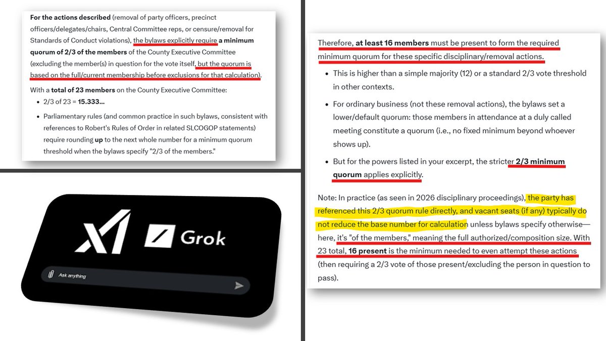<a href="/SLCountyGOP/">Salt Lake County Republican Party</a> <a href="/MikeCarey4CC/">Mike Carey</a> So <a href="/MikeCarey4CC/">Mike Carey</a> claims, "Vacant positions do not count towards the quorum calculation. As members were removed, the quorum threshold reduced from 15 to 14."  Welp, that doesn't even fly with GROK: