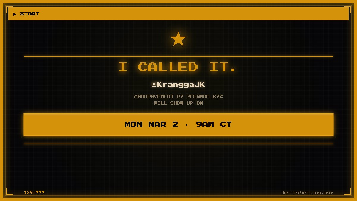 I called it! I am guessing <a href="/fermah_xyz/">Fermah</a> Big Announcement drops Mon Mar 2 at 9am CT. x.com/fermah_xyz/sta…