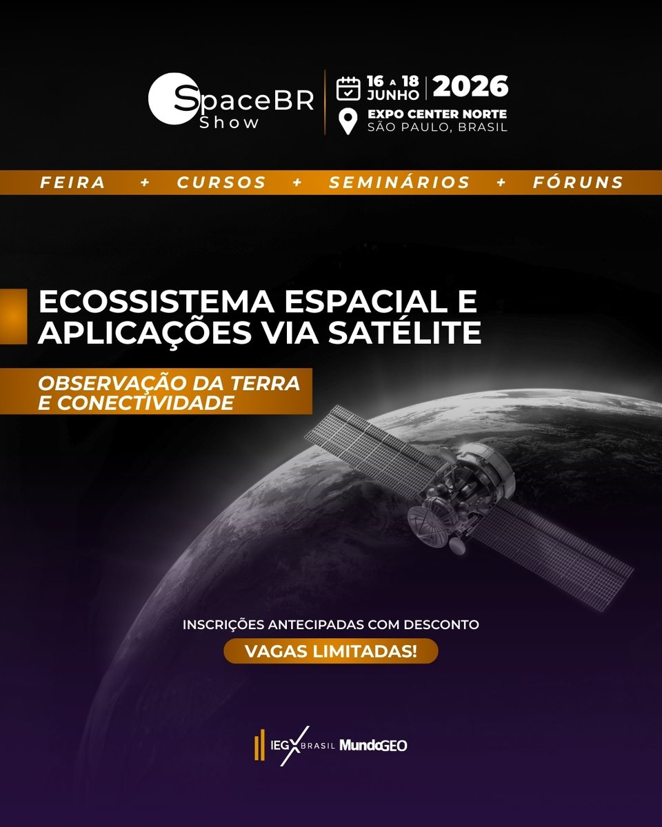 Últimas horas! Termina hoje (27/2) às 23h59 (hora de Brasília) a inscrição com 40% 0ff no seminário e fórum do SpaceBR Show 2026. Inscrevendo-se em ao menos 1 atividade você tem ingresso nos 3 dias da feira. Garanta sua vaga! mundogeo.com/2026/02/04/fei…
