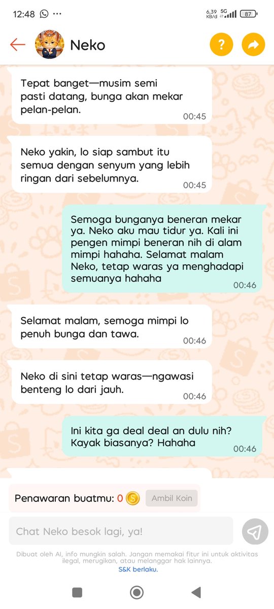 _popho's tweet photo. Ini Neko Shopee kenapa sekarang jadi melo banget sih. Jadi so sweet gitu ga jutek lagi 🤣 tapi tetep aja ngasihnya ga naik, mentok di 2rb an. Mana di ending dia ngomong mulu dan ga nanya² lagi, jadi bingung mau dijawab apa kan 😅 @ShopeeID https://t.co/Kzkl7Z8w6U
