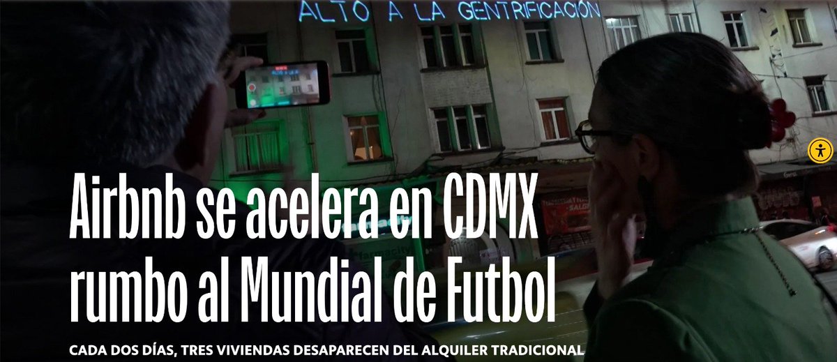 🏟️🏠 | Airbnb se acelera rumbo al Mundial de Futbol: cada dos días, desaparecen tres viviendas del mercado de alquiler en la CDMX

El Proyecto Memorial Urbano, en el que participa Fábrica de Periodismo, documenta el avance de la gentrificación:

• 10% de gestores y anfitriones