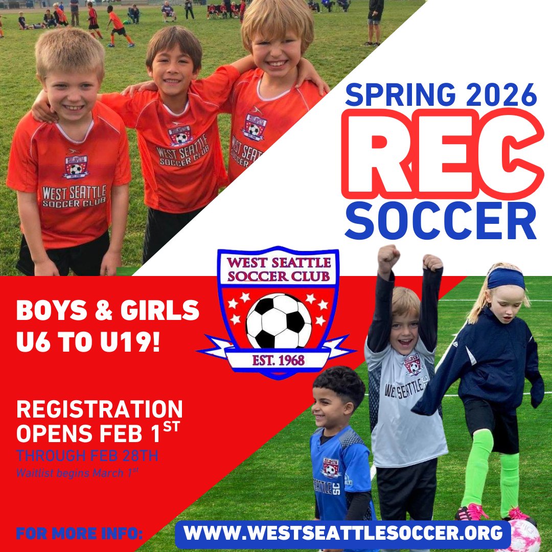 WESTSEATTLESC's tweet image. LAST CALL FOR SPRING REC REGISTRATION! 📣 ‼️
Sign-ups end TOMORROW! Don’t miss your chance to be part of the season.

📅 Season kicks off soon
👟 U6–U19

👉 Save your spot today: clubs.bluesombrero.com/Default.aspx?t…
#WestSeattleSoccer #SpringRegistration #YouthSoccer #WSCC #SoccerSeason