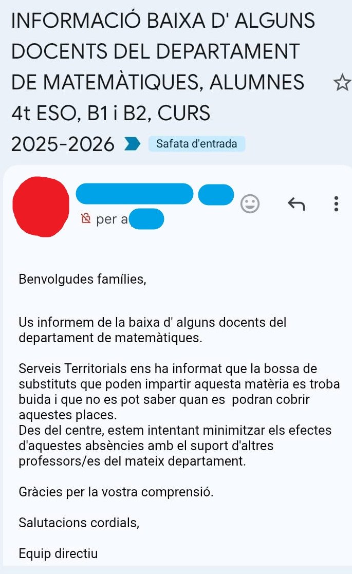 JordiRomagosa's tweet photo. Qui es pregunti la causa de que els professors i directius d'institut han fet (i faran) vagues és per no tenir algun fill estudiant.

Matèries sense substituts (per baixes absolutament justificades). Gastant en parides i no invertint en ensenyament, se'ns presenta un futur negre. https://t.co/53NU2Qm9mi