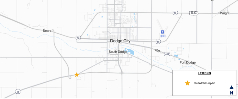 SWKansasKDOT's tweet photo. Guardrail improvement project to begin March 2 south of Dodge City on U.S. 56, approximately half a mile west of the U.S. 56/108 Road junction, southwest of Dodge City. Motorists should expect potential delays of up to 10 minutes. Traffic will be directed through the work zone https://t.co/oEhm848T05